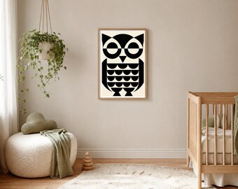 High Contrast Baby Art Printable, Black and White Owl Nursery Print, Montessori Newborn Sensory Wall Art, B&W Digital Download