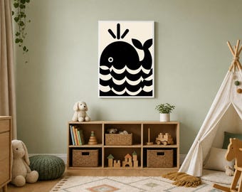 High Contrast Baby Art Printable, Black and White Whale Nursery Print, Montessori Newborn Sensory Wall Art, B&W Digital Download