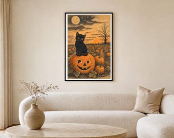 Pumpkin Field Print, Vintage Halloween Postcard, Autumn Decor (Digital Download)