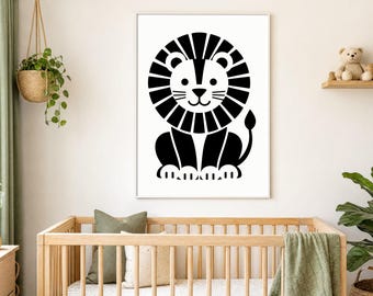 Nadruk z lwem Montessori | Czarno-biała, kontrastowa grafika dla dzieci | Dekoracja ścienna sensoryczna do pokoju dziecięcego