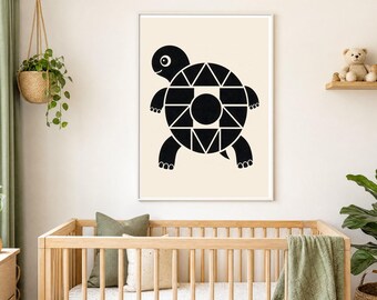 Grafika dla niemowląt o wysokim kontraście do druku, czarno-biały wzór z żółwiem Montessori, sensoryczna grafika ścienna dla noworodka, czarno-biała cyfrowa grafika do pobrania