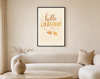Cosy Autumn Wall Art, Hello Autumn Print, Fall Botanical Kitchen Decor, Rust Amber Autumn Art, Digital Download