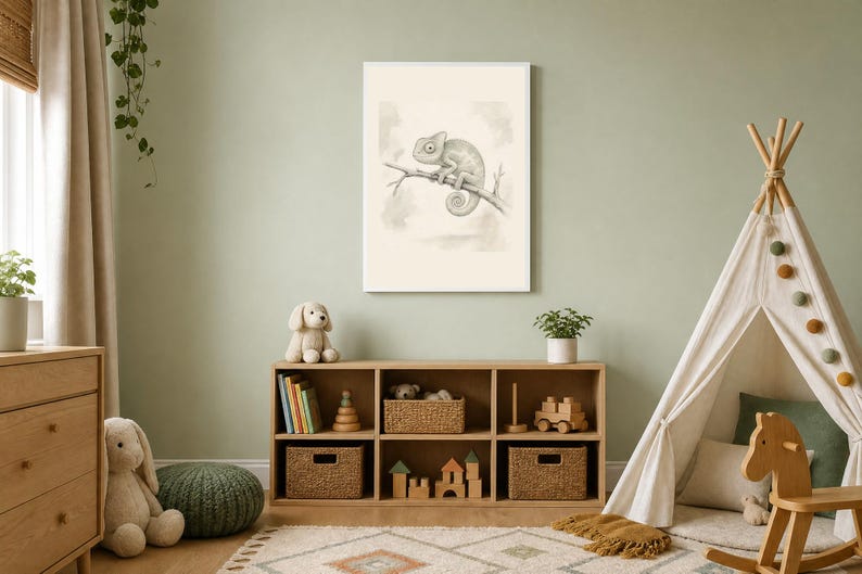 Safari Nursery Decor, Baby Chameleon Print, Sage Green Wall Art, Gender Neutral Animal Art, Kids Room Digital Download image 3