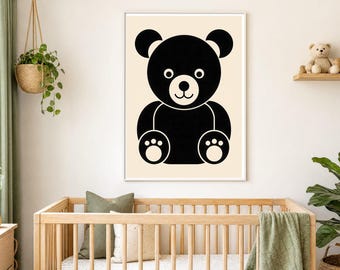 High Contrast Baby Art Printable, Black and White Bear Nursery Print, Montessori Newborn Sensory Wall Art, B&W Digital Download