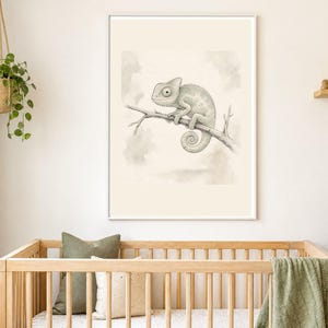Safari Nursery Decor, Baby Chameleon Print, Sage Green Wall Art, Gender Neutral Animal Art, Kids Room Digital Download image 1