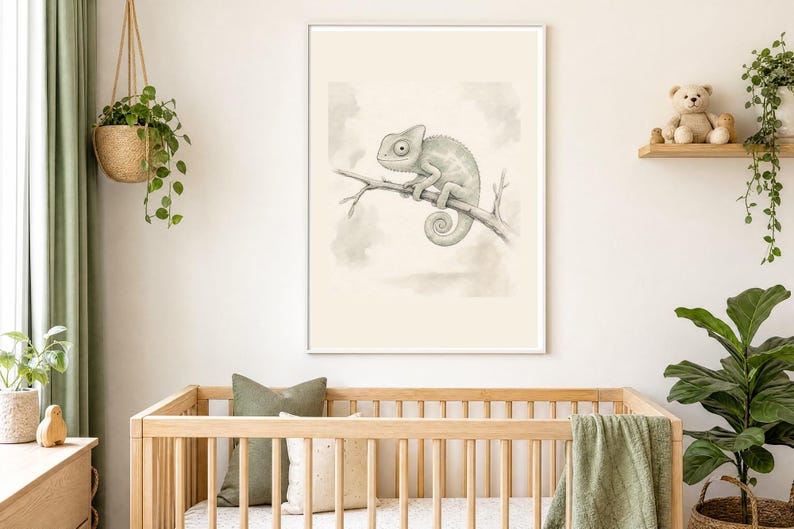 Safari Nursery Decor, Baby Chameleon Print, Sage Green Wall Art, Gender Neutral Animal Art, Kids Room Digital Download image 1