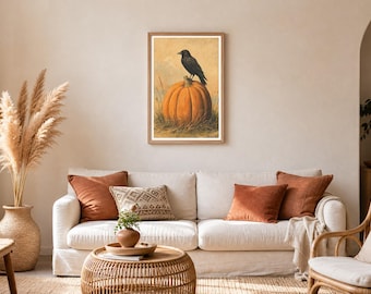 Pumpkin and Crow Print, Vintage Halloween Postcard, Autumn Decor (Digital Download)