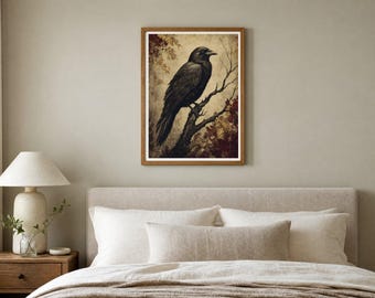 Vintage Halloween Wall Art, Raven Print, Dark Academia Gothic Decor, Moody Halloween, Digital Download