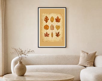 Autumn Wall Art, Pressed Leaves Print, Vintage Botanical Fall Decor, Cosy Harvest Kitchen Art, Digital Download