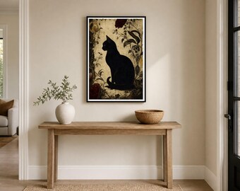 Vintage Halloween Wall Art, Black Cat Print, Dark Academia Gothic Decor, Moody Halloween, Digital Download