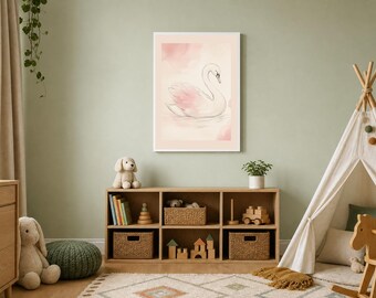 Quadro para quarto de bebê rosa claro, cisne rosa claro, arte de parede para imprimir para bebê menina, decoração rosa suave para quarto de bebê, download digital