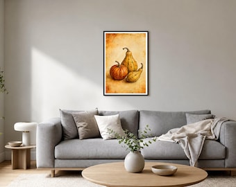 Autumn Wall Art, Amber Gourds Print, Vintage Botanical Fall Decor, Cosy Harvest Kitchen Art, Digital Download