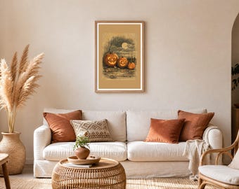 Jack O Lantern Trio Print, Vintage Halloween Postcard, Autumn Decor (Digital Download)