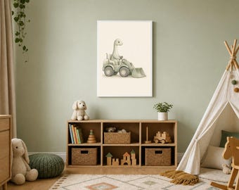 May include: A framed wall art print featuring a light green illustration of a long-necked dinosaur operating a construction vehicle with a front loader bucket. The artwork is set against a plain off-white background, showcasing a whimsical character.