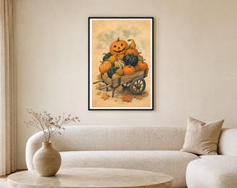 Pumpkin Cart Print, Vintage Halloween Postcard, Autumn Decor (Digital Download)