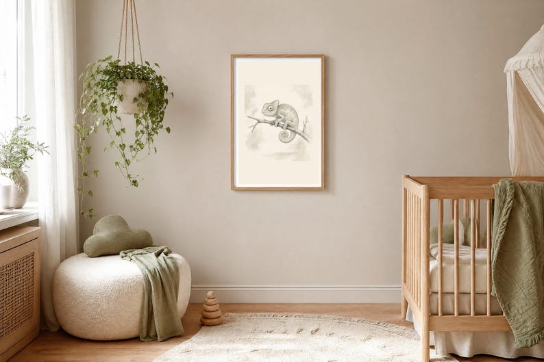 Safari Nursery Decor, Baby Chameleon Print, Sage Green Wall Art, Gender Neutral Animal Art, Kids Room Digital Download image 4