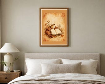 Cosy Autumn Wall Art, Tea and a Blanket Print, Fall Botanical Kitchen Decor, Rust Amber Autumn Art, Digital Download
