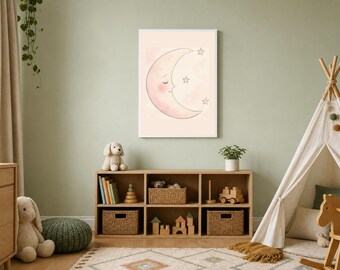 Quadro para quarto de bebê rosa claro, lua sonolenta em tons de rosa, arte de parede para imprimir para menina, decoração de quarto de bebê rosa suave, download digital