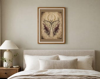 Vintage Halloween Wall Art, Luna Moth and Moon Print, Dark Academia Gothic Decor, Moody Halloween, Digital Download