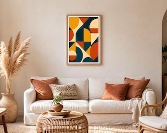 Geometryczny abstrakcyjny nadruk Bauhaus | Retro musztardowo-rdzawo-turkusowy obraz ścienny | Wystrój w stylu mid-century modern