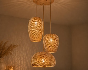 Trippel bambu pendellampa, Japandi vävd ljuskrona, E27 taklampa med 3 ljuskällor för matsal, köksö och sovrum