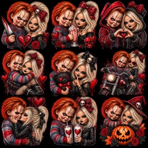 May include: A digital illustration sheet featuring nine distinct scenes of a male and female doll couple with red hair and blonde hair. The characters are depicted in various poses with red hearts, skulls, roses, a motorcycle, and a jack-o'-lantern.