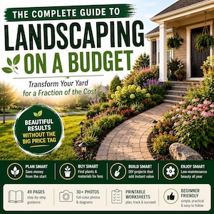 May include: A digital guide titled The Complete Guide to Landscaping on a Budget, featuring a photo of a landscaped yard with a stone path, flowers, and shrubs. It includes sections on planning, buying, and building, plus 49 pages and 30+ photos.