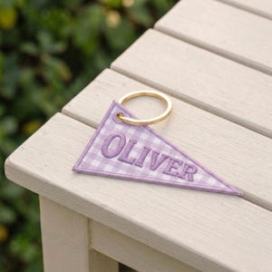 Personalized Embroidered Pennant Bag Charm, Custom Gingham Name Keychain, Backpack Accessory
