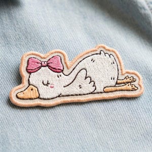 Tired Splooting Goose Patch - Cute Pink Bow Duck Embroidered Iron On - Kawaii Lazy Animal Back Patch for Jackets & Bags - Sizes 4" to 10"