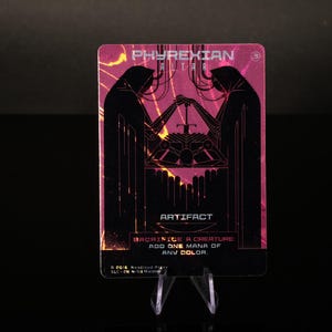 May include: A rectangular trading card featuring a dark, stylized illustration of two hooded figures facing each other over a central object. The card displays the text PHYREXIAN ALTAR, ARTIFACT, SACRIFICE A CREATURE, and ADD ONE MANA OF ANY COLOR.