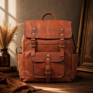 Genuine Leather Backpack, Vintage Style Buckle Flap Rucksack, Men's Women's Leather Travel Bag, Handmade Laptop Backpack, Push Lock Closure