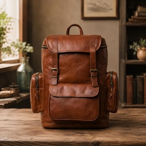 May include: A brown leather backpack featuring a top flap with two vertical straps and brass buckles, a large front pocket, and two side pockets with zippered closures. The bag includes a top handle and a structured design with visible stitching.