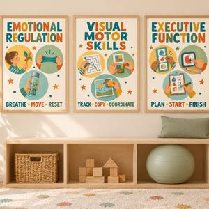 May include: Three framed educational posters featuring colorful illustrations and text. The first reads Emotional Regulation: Breathe, Move, Reset. The second reads Visual Motor Skills: Track, Copy, Coordinate. The third reads Executive Function: Plan, Start, Finish.