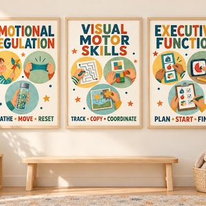 May include: Three educational posters with light wood frames. The first poster titled Emotional Regulation shows a child with a pinwheel, hands stretching putty, and a glitter jar. The second titled Visual Motor Skills shows a maze, blocks, and a puzzle. The third titled Executive Function shows a schedule, timer, and checklist.