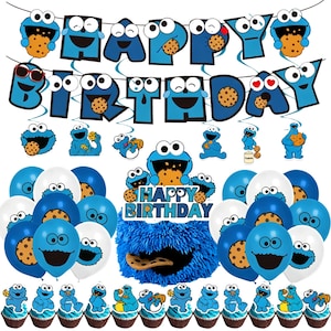 Blue Cookie Monster Birthday Party Decor Kit,S*same Stre*t Theme Banner,Balloons, Cupcake Toppers,Kids Toddler Birthday Party Supplies