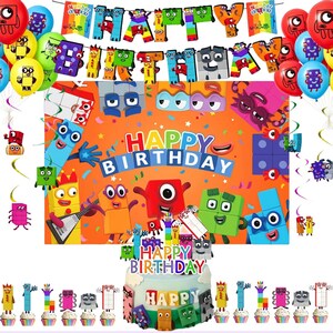 May include: A Numberblocks themed birthday party decoration set including a large orange backdrop with Happy Birthday text, colorful balloons, hanging swirls, a cake topper, and cupcake toppers featuring various block-shaped characters.