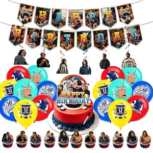 May include: A birthday party decoration set featuring a banner with pennants displaying character images and the text HAPPY BIRTHDAY, hanging cutouts of characters, a round cake topper with the text HAPPY BIRTHDAY, and assorted balloons and cupcake toppers.