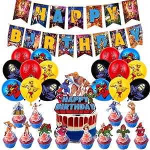 May include: A Masters of the Universe party decoration set featuring a Happy Birthday banner, colorful balloons with character prints, a large cake topper with He-Man and Skeletor, and multiple cupcake toppers depicting various animated characters.