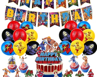 H*-Man M*sters of the Universe Birthday Party Decor,Boys Retro Cartoon Birthday Banner Balloons Cake Toppers,Kids Hero Fans Party Supplies