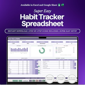 Hoja de cálculo para el seguimiento de hábitos en Google Sheets y Excel / Hoja de cálculo diaria para el seguimiento de hábitos con estadísticas de rachas / Cuadrícula mensual, año en píxeles, gráficos de progreso