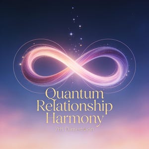 Puede incluir: Un símbolo de infinito brillante con estelas de luz rosa, morada y naranja sobre un cielo azul oscuro. Debajo del símbolo, el texto "Quantum Relationship Harmony" aparece en dorado, seguido del texto blanco más pequeño "7th Dimension".