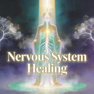 Op de afbeelding: Een digitale illustratie met een centrale figuur in een vloeiend gewaad met een gloeiend gouden zenuwstelsel en fel licht boven het hoofd. De tekst Nervous System Healing staat in het wit met gouden omlijningen op een donkere achtergrond.