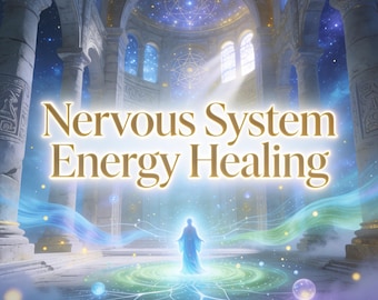 Può includere: Un'illustrazione digitale con il testo Nervous System Energy Healing in lettere dorate. Una figura centrale in tunica blu si trova in una grande sala di pietra, circondata da luce brillante, correnti di energia vorticose e sfere fluttuanti.