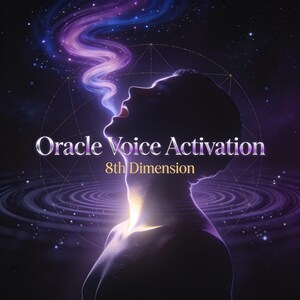 Puede incluir: Una ilustración digital que presenta la silueta de una persona con la cabeza inclinada hacia atrás, exhalando un vapor arremolinado de color púrpura y azul. El texto Oracle Voice Activation 8th Dimension está centrado sobre un fondo de estrellas y líneas geométricas.