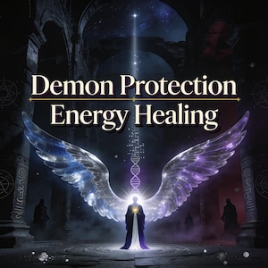 May include: A digital illustration featuring the text "Demon Protection Energy Healing" above a central figure with large, translucent, glowing purple and blue wings. A vertical DNA strand rises from the figure, set against a dark, arched stone hall.
