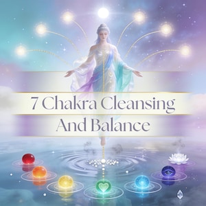 Könnte beinhalten: Eine digitale Illustration mit einer zentralen Figur in fließenden Gewändern und strahlendem Licht, über Wasser mit sieben farbigen Kugeln und einer weißen Lotusblume. Der Text 7 Chakra Cleansing And Balance steht zentriert auf einem Banner.