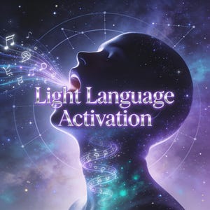 May include: A silhouette of a human head against a purple and blue cosmic background with stars and geometric lines. The text Light Language Activation is centered. Musical notes and symbols flow from the open mouth and throat area.