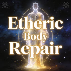 Puede incluir: Una ilustración digital que muestra una figura humana translúcida y brillante dentro de un marco ovalado dorado sobre un fondo estrellado oscuro. El texto "Etheric Body Repair" aparece en letras blancas grandes en el centro.