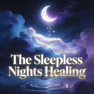 May include: A digital illustration featuring a glowing figure in a white robe resting on purple clouds beneath a crescent moon. Below the figure, the text reads "The Sleepless Nights Healing" in white lettering, with a small candle floating on water.