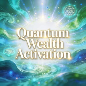 Peut inclure: Un graphique numérique présentant le texte Quantum Wealth Activation en lettres blanches grasses avec des contours dorés. L'arrière-plan se compose de vagues tourbillonnantes bleu sarcelle, bleu et vert avec des particules lumineuses.